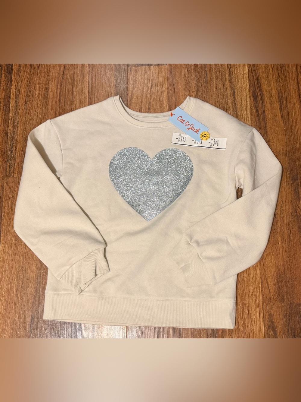 Cat & Jack Cream Sweatshirt with Silver Glitter Heart Graphic